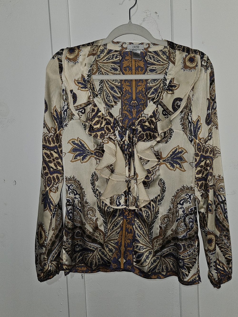 Cache Cream Navy & Brown Paisley Ruffle Tie Blouse